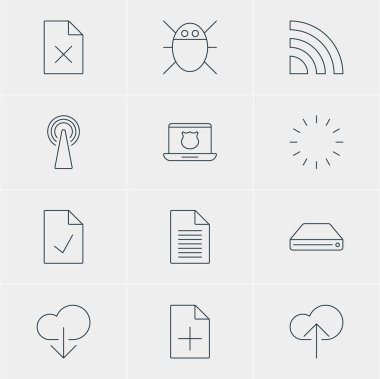 12 Internet simgeler vektör Illustration. Güvenli laptop servis, Not ve diğer öğeleri, düzenlenebilir paketi.