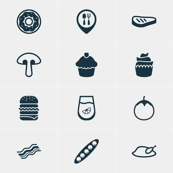 Ilustración vectorial de 12 iconos de la alimentación. Paquete editable de hongos, berenjena, jamón y otros elementos . — Archivo Imágenes Vectoriales