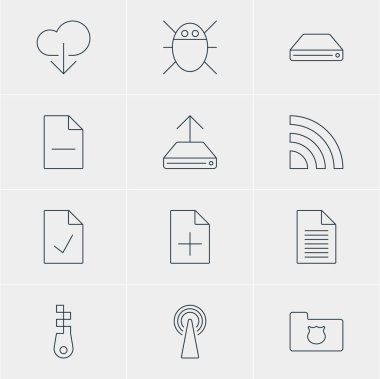 12 Internet simgeler vektör Illustration. Düzenlenebilir paket yönlendirici, raptiye, dosya kaldırma ve diğer öğeleri.