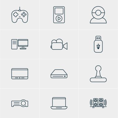 12 Aksesuar simgeler vektör Illustration. Hoparlör, ortam denetleyicisi, düzenlenebilir paket Pc ve diğer öğeleri.