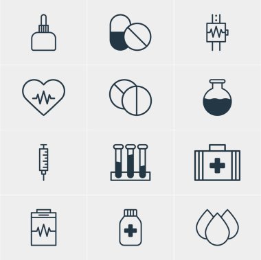 12 sağlık simgeler vektör Illustration. Antibiyotik, Tablet, kalp ritmi ve diğer öğeleri yuvarlak düzenlenebilir paketi.