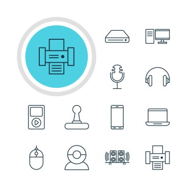12 teknoloji simgeler vektör Illustration. Bilgisayar, Smartphone, imleç denetleyicisi ve diğer öğeleri düzenlenebilir paketi.