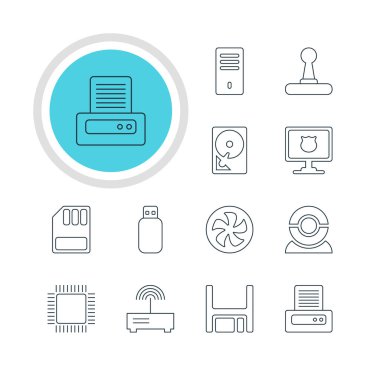 12 bilgisayar simgeler vektör Illustration. Örümcek ağı fotoğraf makinesi, yazıcı, yönlendirici ve diğer öğeleri düzenlenebilir paketi.