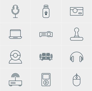 12 teknoloji simgeler vektör Illustration. Görüntülü sohbet, imleç denetleyicisi, Usb kart ve diğer öğeleri düzenlenebilir paketi.