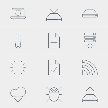 12 Web Simgeler Vektör Illustration. Düzenlenebilir paket güvenli dizüstü bilgisayar, bilgi yükü, kontrol Not ve diğer öğeleri.