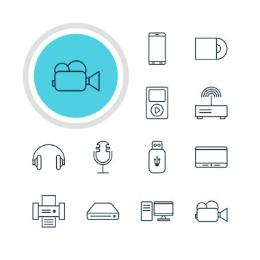 12 Aksesuar simgeler vektör Illustration. Medya düzenlenebilir Pack denetleyicisi, Modem, Dvd sürücü ve diğer öğeleri.