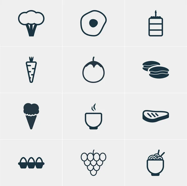 Vektorové ilustrace 12 ikon, jíst. Upravitelné Pack vegetariánských, vejce kontejner, hovězí pečeni a dalších prvků. — Stockový vektor
