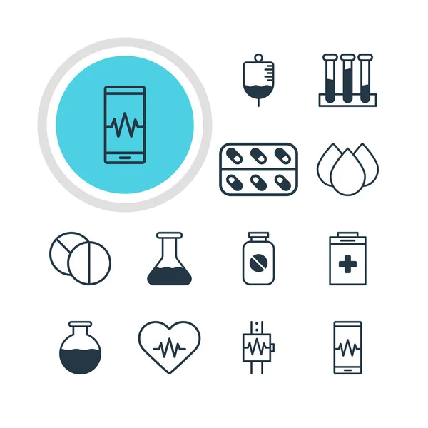 Vectorillustratie van 12 medische pictogrammen. Bewerkbare Pack van Vial, Exigency, ronde Tablet en andere elementen. — Stockvector