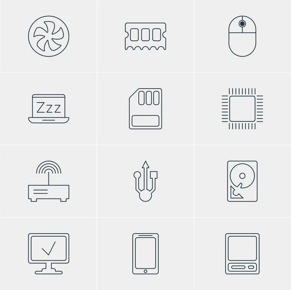 Ilustración vectorial de 12 iconos de cuaderno. Paquete editable de almacenamiento, manipulador de cursor, enfriador y otros elementos . — Vector de stock