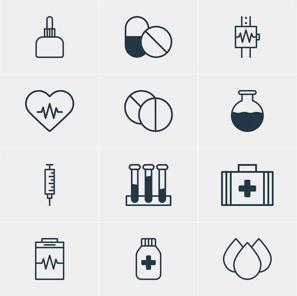Vektorové ilustrace 12 ikon na zdraví. Upravitelné Pack antibiotika, kulaté tablety, srdeční rytmus a dalších prvků. — Stockový vektor