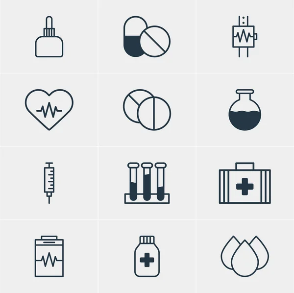 12 sağlık simgeler vektör Illustration. Antibiyotik, Tablet, kalp ritmi ve diğer öğeleri yuvarlak düzenlenebilir paketi.