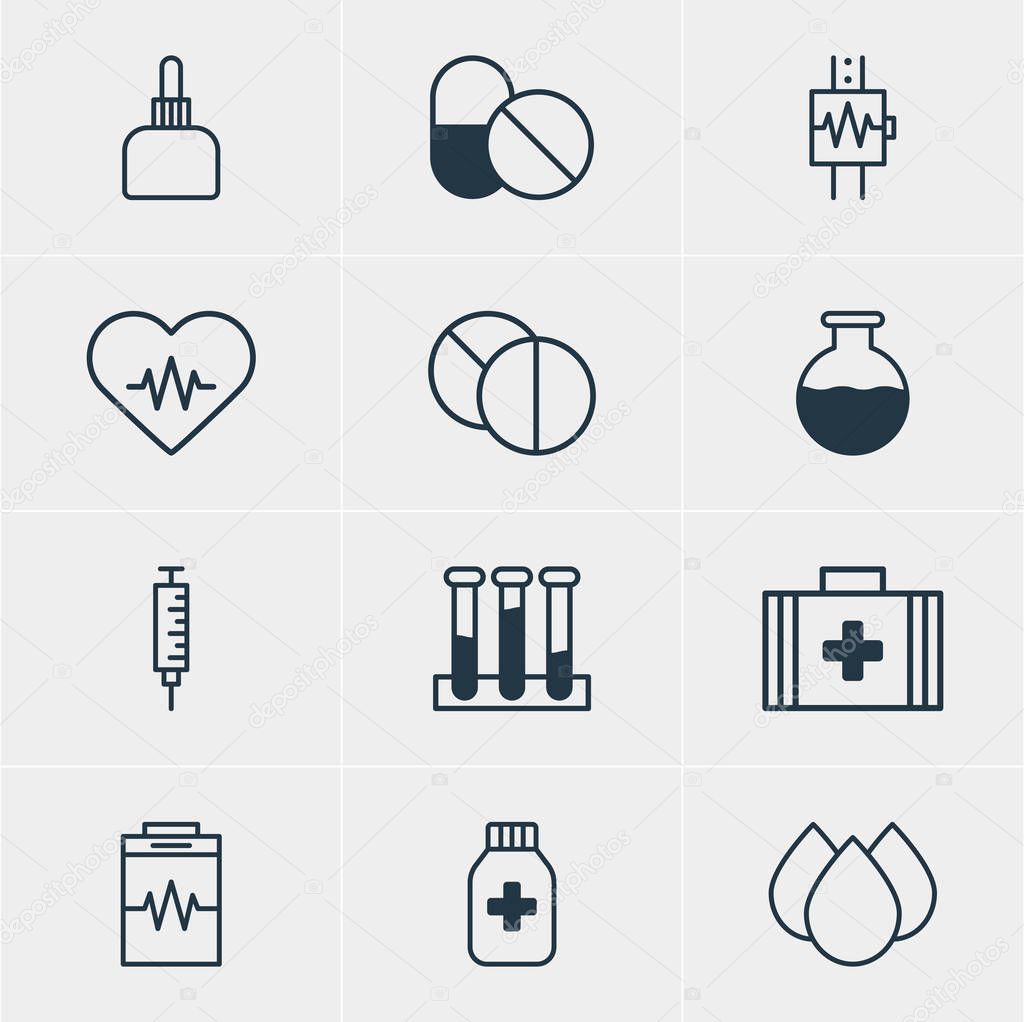 Vector Illustration Of 12 Health Icons. Editable Pack Of Antibiotic, Round Tablet, Heart Rhythm And Other Elements.