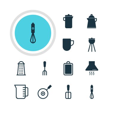 12 mutfak eşyaları simgeler vektör Illustration. Barbekü, çay bardağı, sürahi ve diğer öğeleri düzenlenebilir paketi.