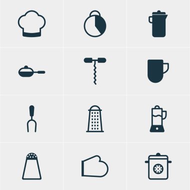 12 pişirme simgeler vektör Illustration. Zaman tutucu, meyve sıkacağı, biber konteyner ve diğer öğeleri düzenlenebilir paketi.