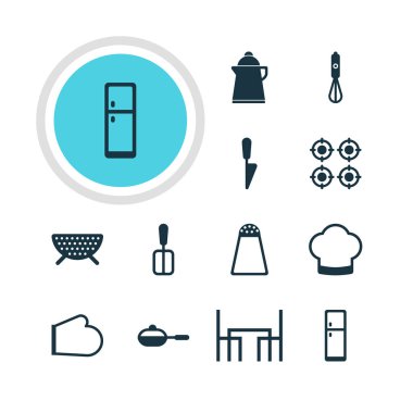 12 pişirme simgeler vektör Illustration. Spade, Handmixer, biber kapsayıcı öğeler pişirme düzenlenebilir paketi.