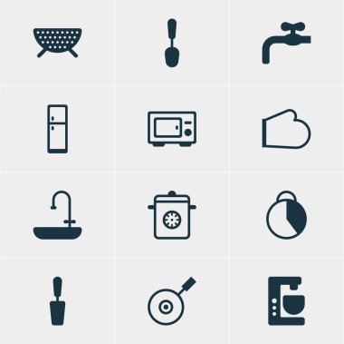 12 pişirme simgeler vektör Illustration. Musluk, Fırın eldivenleri, çorba ve diğer öğeleri düzenlenebilir paketi.