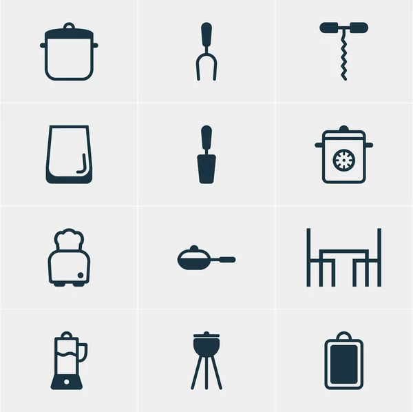 Ilustración vectorial de 12 iconos de restaurantes. Paquete editable de taza de vidrio, mesa de picar, exprimidor de frutas y otros elementos . — Archivo Imágenes Vectoriales