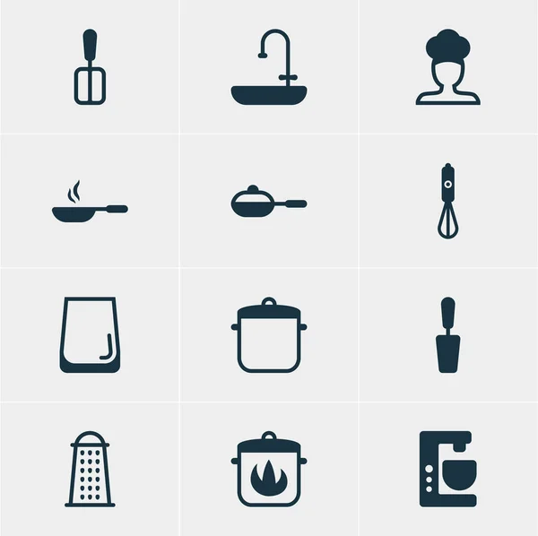 Vektorillustration von 12 Kochsymbolen. editierbare Packung Handmixer, Kochspaten, Pfannenelemente. — Stockvektor