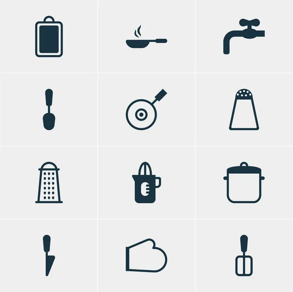 Ilustración vectorial de 12 iconos de cocina. Paquete editable del grifo, envase de la pimienta, espada de la cocina y otros elementos . — Archivo Imágenes Vectoriales