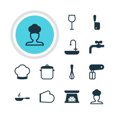 12 mutfak eşyaları simgeler vektör Illustration. Şarap, aşçı, aşçı şapkası ve diğer öğeleri düzenlenebilir sürüsü.
