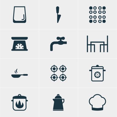 12 pişirme simgeler vektör Illustration. Vapur, Chef şapka, kızartma tavası ve diğer öğeleri düzenlenebilir sürüsü.