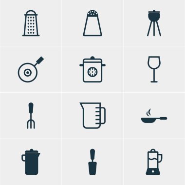 12 pişirme simgeler vektör Illustration. Düzenlenebilir paket tava, biber konteyner, meyve sıkacağı ve diğer öğeleri.