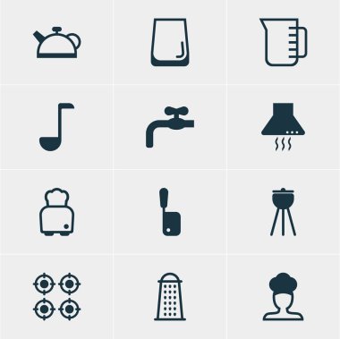 12 mutfak eşyaları simgeler vektör Illustration. Cam bardak, sürahi, fırın ve diğer öğeleri düzenlenebilir paketi.