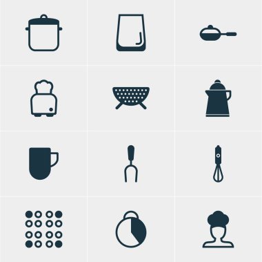 12 pişirme simgeler vektör Illustration. Ekmek, çay bardağı, çay ve diğer öğeleri düzenlenebilir paketi.