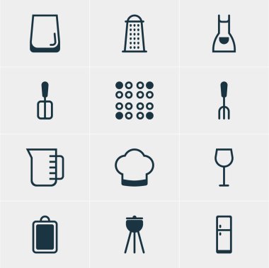 12 mutfak eşyaları simgeler vektör Illustration. Ocak, Chef şapka, önlük ve diğer öğeleri düzenlenebilir paketi.