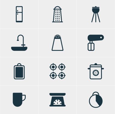 12 mutfak eşyaları simgeler vektör Illustration. Zaman tutucu, vapur, ölçme aracı ve diğer öğeleri düzenlenebilir sürüsü.