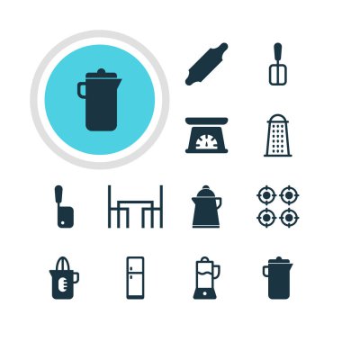 12 Restoran simgeler vektör Illustration. Meyve sıkacağı, kasap bıçağı, ekmek rulo ve diğer öğeleri düzenlenebilir paketi.