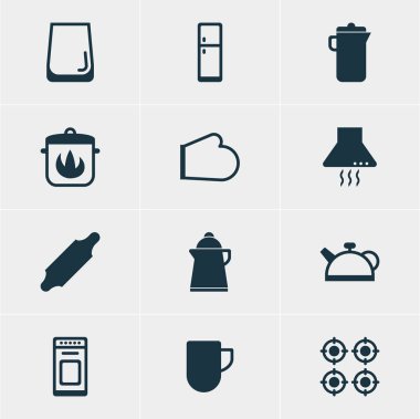 12 pişirme simgeler vektör Illustration. Düzenlenebilir Pack ibrik, tenceresi, cam bardak ve diğer öğeleri.
