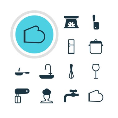 12 mutfak eşyaları simgeler vektör Illustration. Aşçı, Fırın eldivenleri, kasap bıçağı ve diğer öğeleri düzenlenebilir sürüsü.