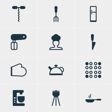 12 Restoran simgeler vektör Illustration. Aşçı, buzdolabı, ibrik ve diğer öğeleri düzenlenebilir sürüsü.
