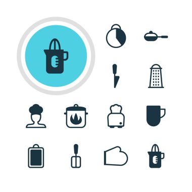 12 Restoran simgeler vektör Illustration. Spade, ekmek, çay bardağı ve diğer öğeleri pişirme düzenlenebilir paketi.