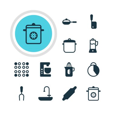 12 mutfak eşyaları simgeler vektör Illustration. Düzenlenebilir paket tencere, Shaker, banyoya öğeleri.