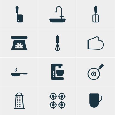 12 Restoran simgeler vektör Illustration. Fırın, Mikser, Dilimleyici ve diğer öğeleri düzenlenebilir paketi.
