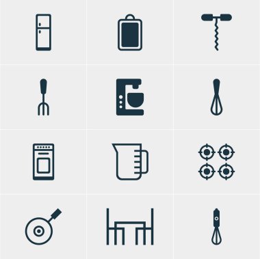 12 pişirme simgeler vektör Illustration. Resepsiyon elemanları doğrama Handmixer, buzdolabı, düzenlenebilir sürüsü.