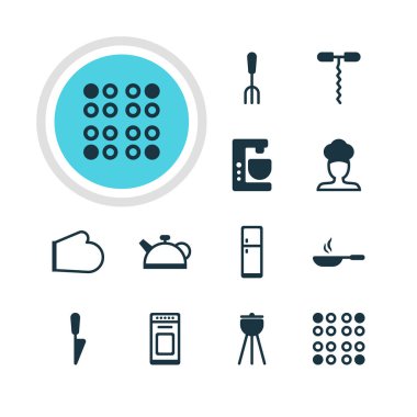 12 mutfak eşyaları simgeler vektör Illustration. Şarap açacağı, Ocak, Barbekü ve diğer öğeleri düzenlenebilir paketi.