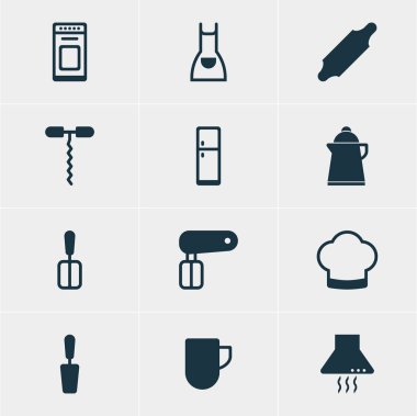 12 pişirme simgeler vektör Illustration. Chef şapka, şarap açacağı, önlük ve diğer öğeleri düzenlenebilir paketi.