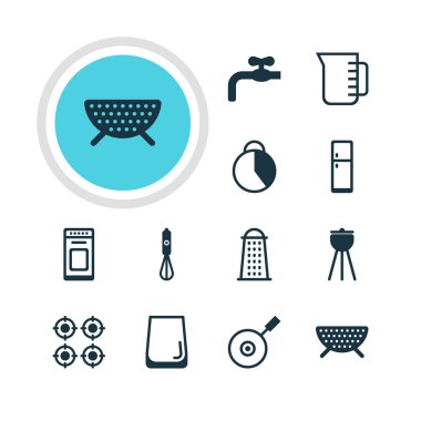 12 mutfak eşyaları simgeler vektör Illustration. Tava, Handmixer, musluk öğelerin düzenlenebilir paketi.