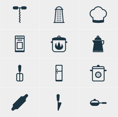 12 Restoran simgeler vektör Illustration. Teşekkürler, Şef şapka, Dilimleyici ve diğer öğeleri düzenlenebilir paketi.