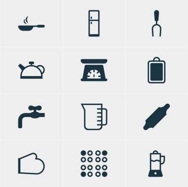 12 Restoran simgeler vektör Illustration. Fırın eldiveni, ekmek rulo, kızartma tavası ve diğer öğeleri düzenlenebilir paketi.