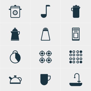 12 Restoran simgeler vektör Illustration. Çay bardağı, çay, fırın ve diğer öğeleri düzenlenebilir paketi.