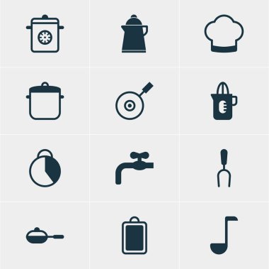 12 pişirme simgeler vektör Illustration. Pan, çay, musluk ve diğer öğeleri düzenlenebilir paketi.