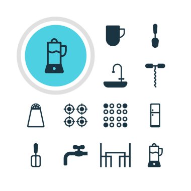 12 Restoran simgeler vektör Illustration. Çorba, yemek masası, buzdolabı ve diğer öğeleri düzenlenebilir paketi.