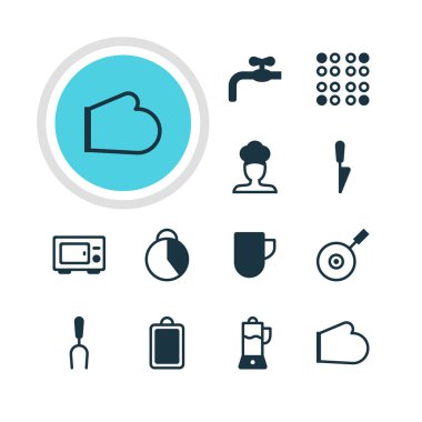 12 pişirme simgeler vektör Illustration. Düzenlenebilir paket çay bardağı, fırın, mutfak hançer ve diğer öğeleri.