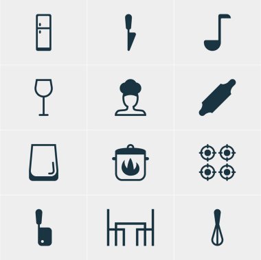 12 Restoran simgeler vektör Illustration. Düzenlenebilir paket fırın, mutfak hançer, çorba kaşığı ve diğer öğeleri.