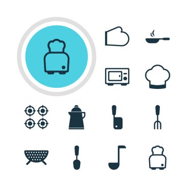 12 pişirme simgeler vektör Illustration. Düzenlenebilir paket çatal, ekmek, elek ve diğer öğeleri.