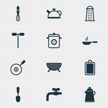 12 mutfak eşyaları simgeler vektör Illustration. Kızartma tavası, elek, Handmixer elemanlarının düzenlenebilir paketi.